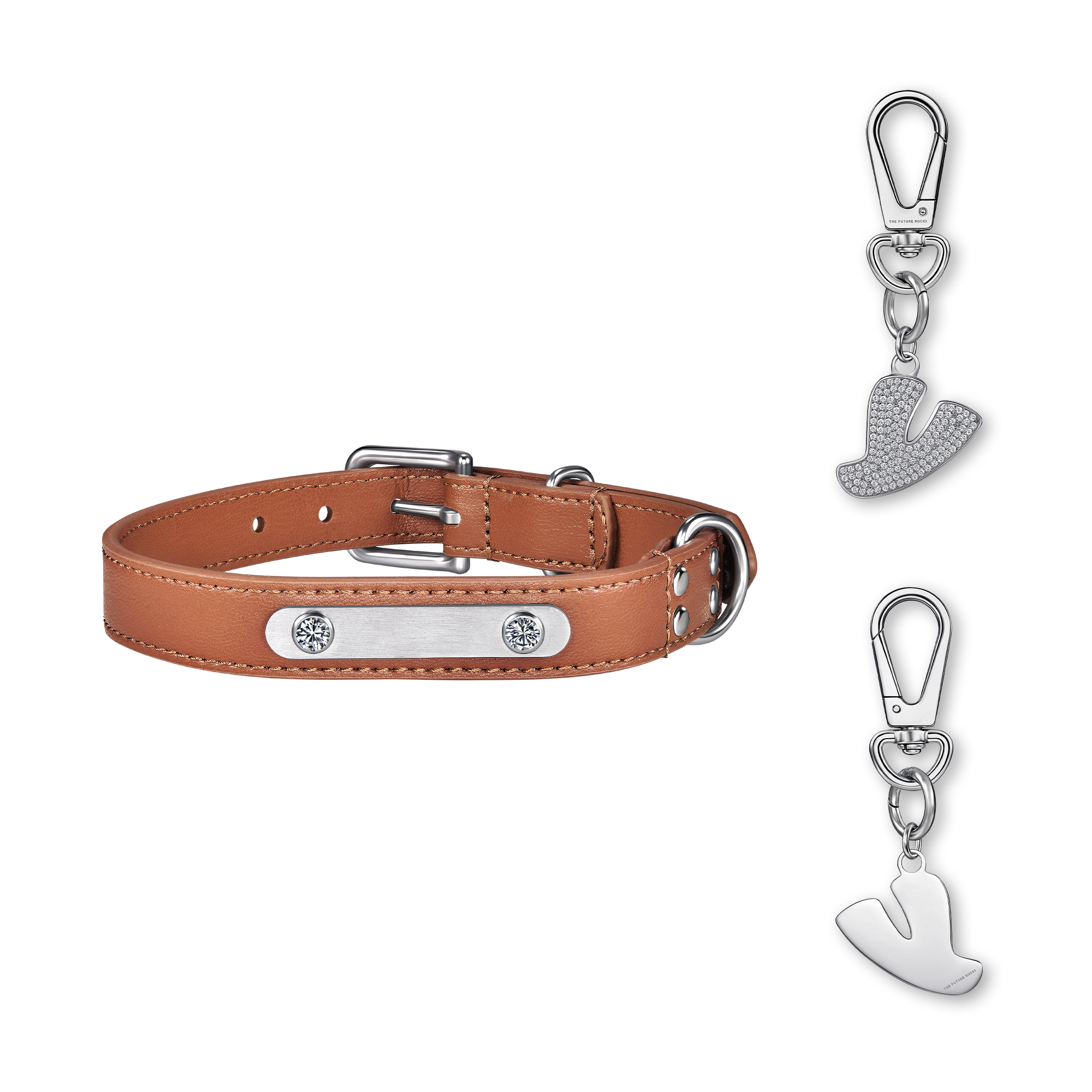 Brown pet collar with 1 charm bundle