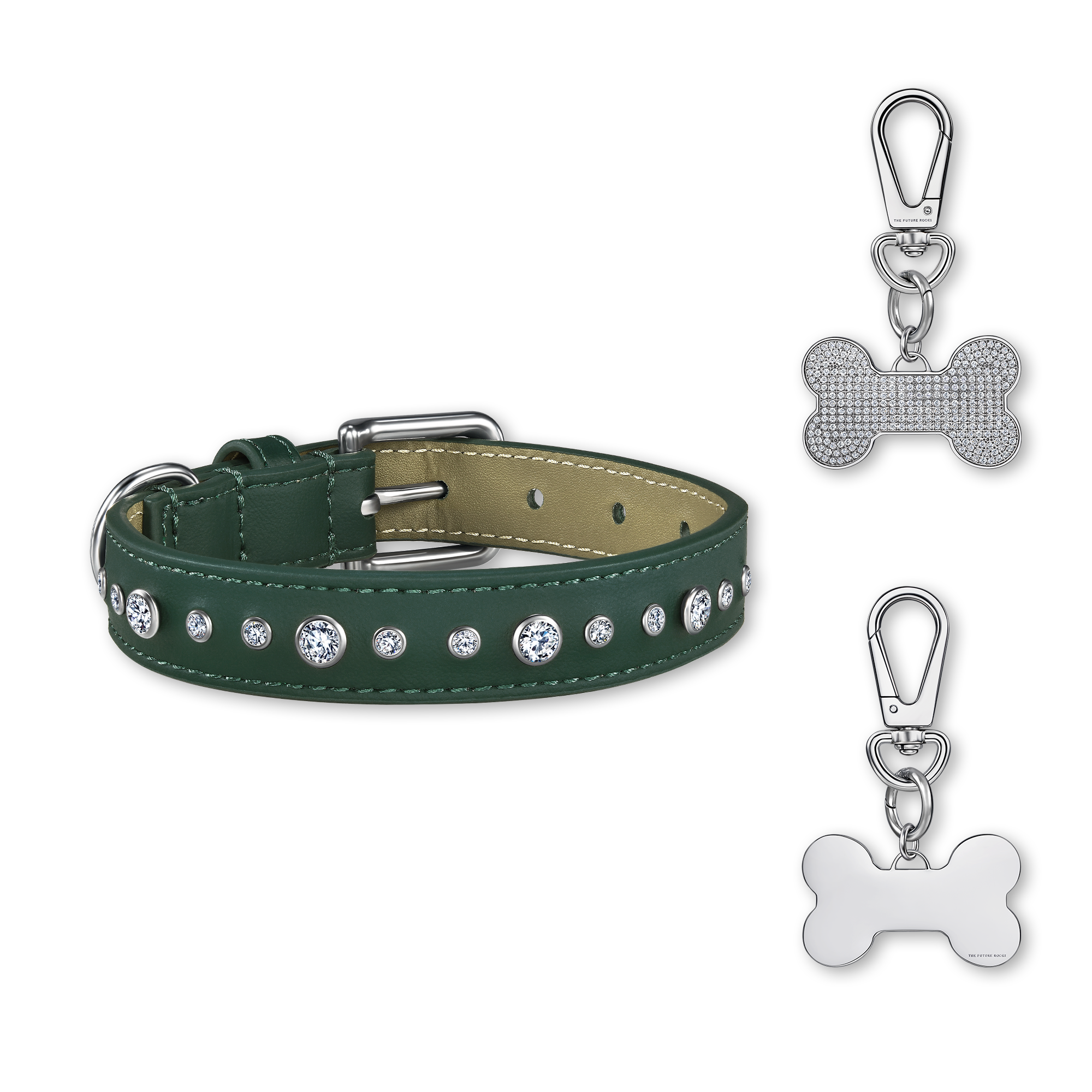 Green pet collar with 1 charm bundle