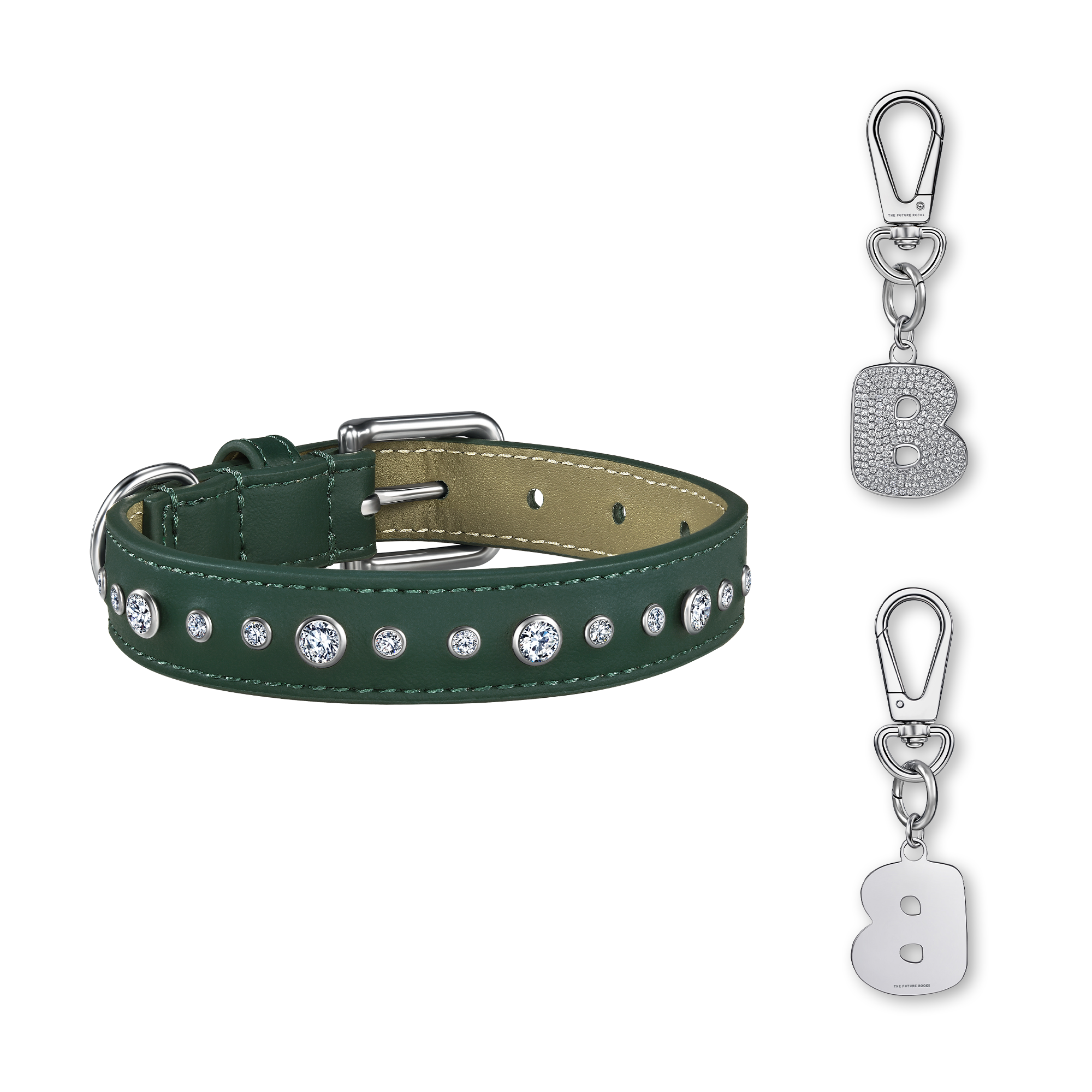 Green pet collar with 1 charm bundle