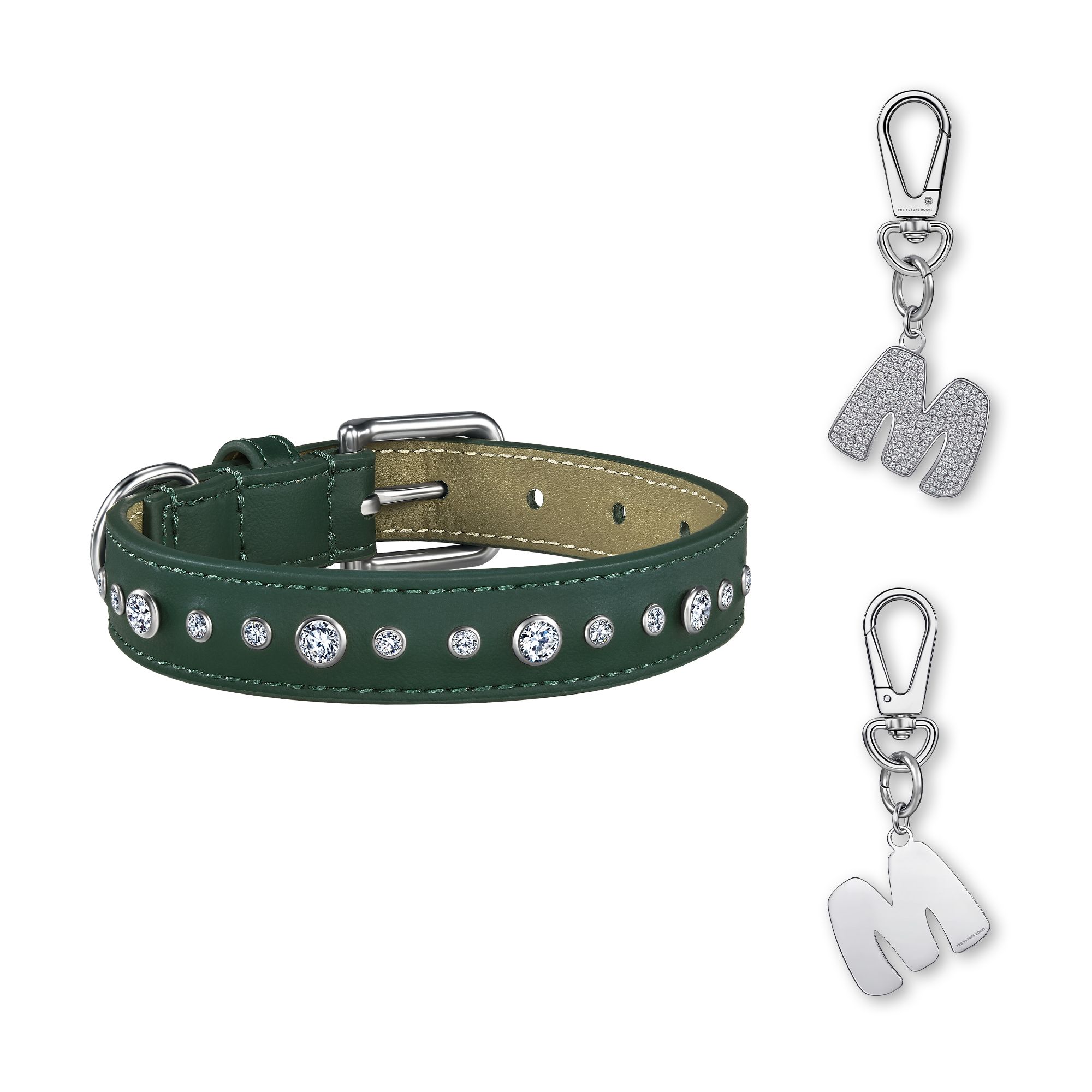 Green pet collar with 1 charm bundle