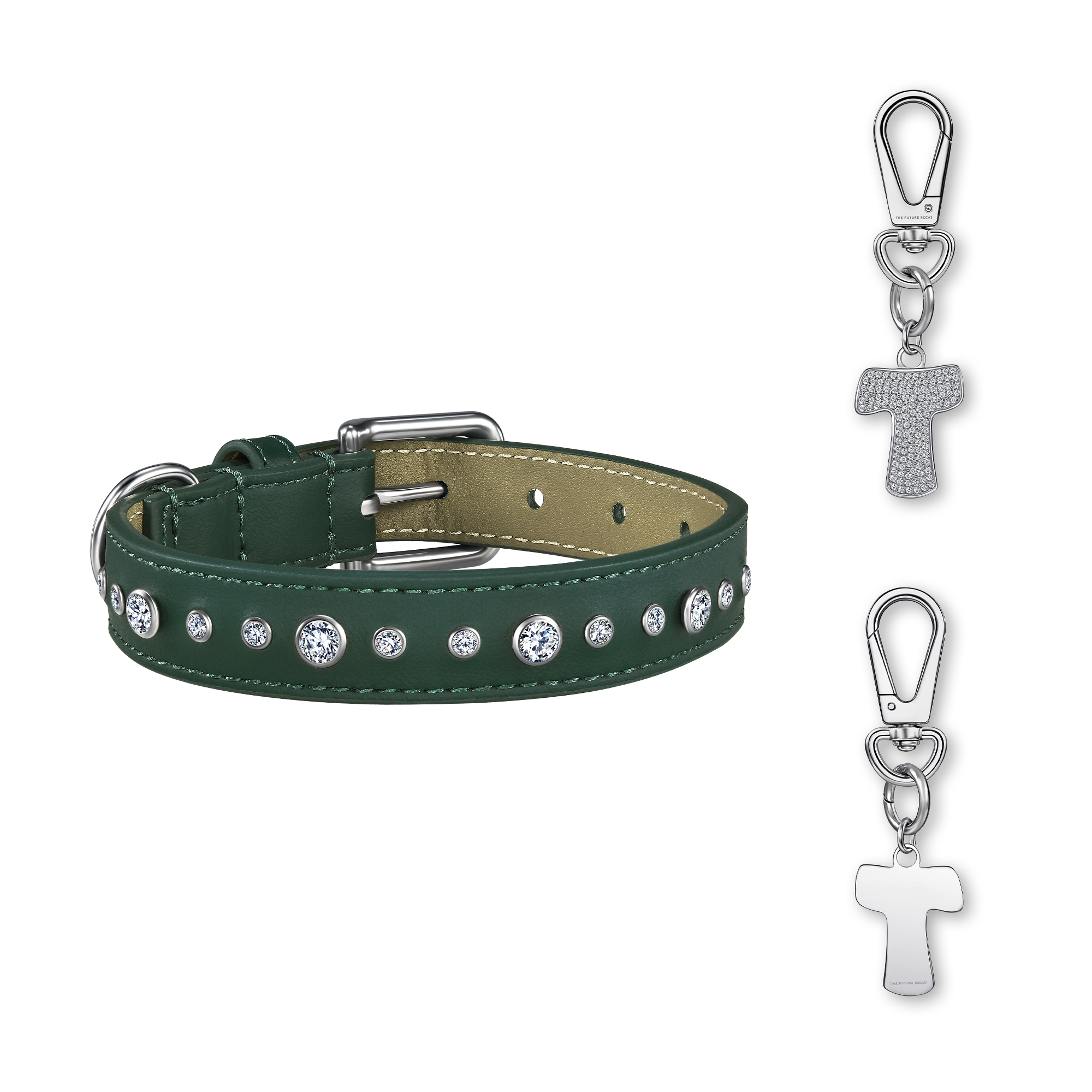 Green pet collar with 1 charm bundle