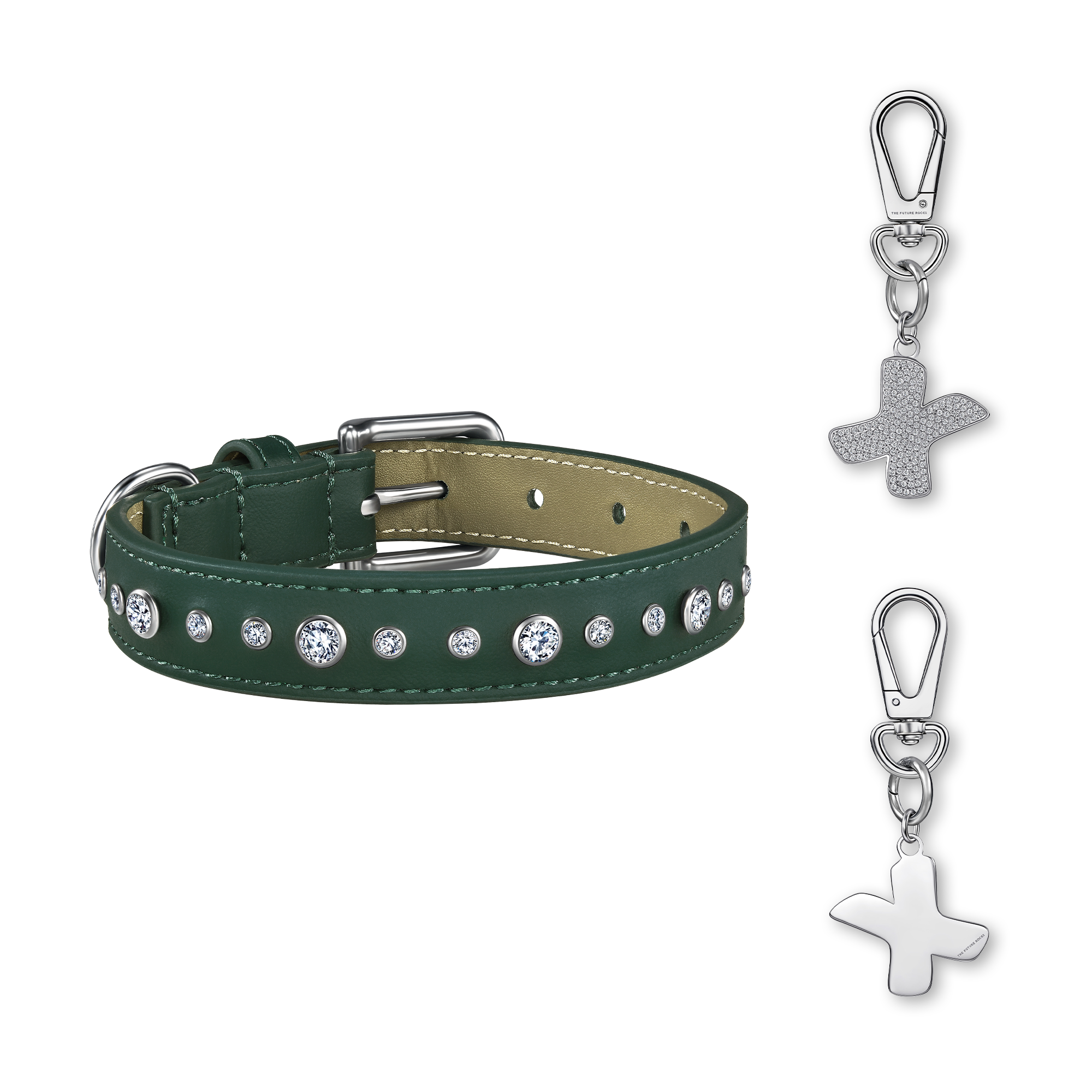 Green pet collar with 1 charm bundle