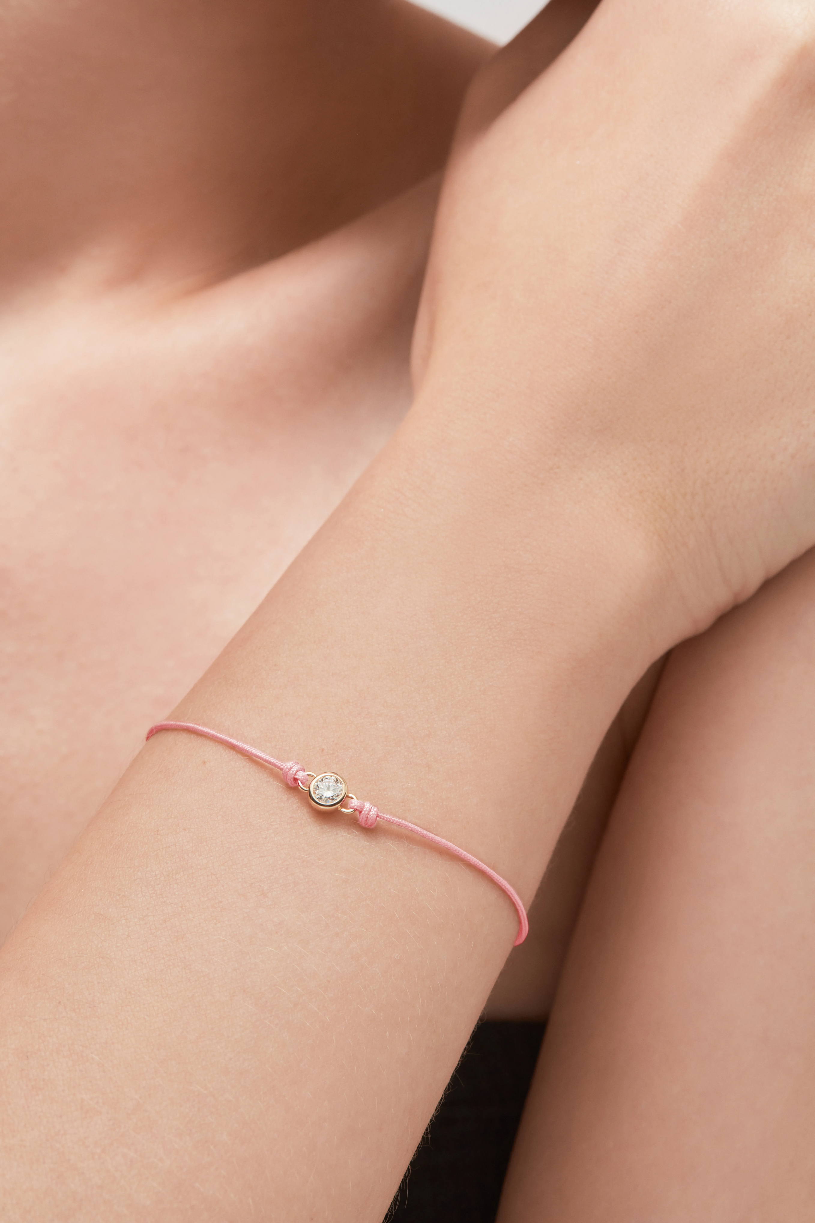 Round brilliant 14k bezel cord bracelet - Light Pink Cord Bracelet with Diamond - The Future Rocks - 2