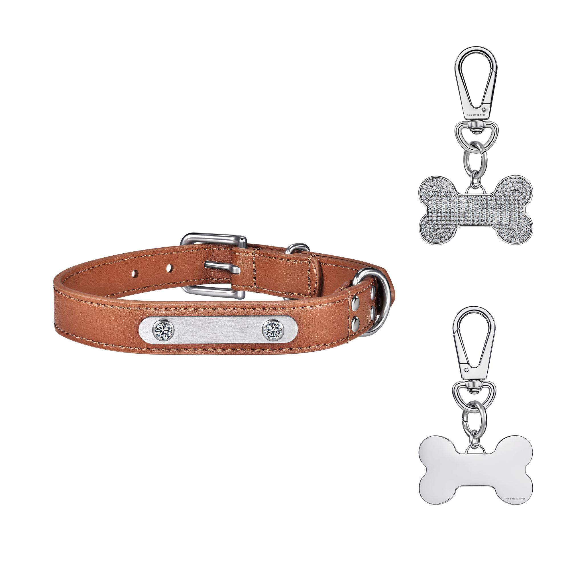 Brown pet collar with 1 charm bundle