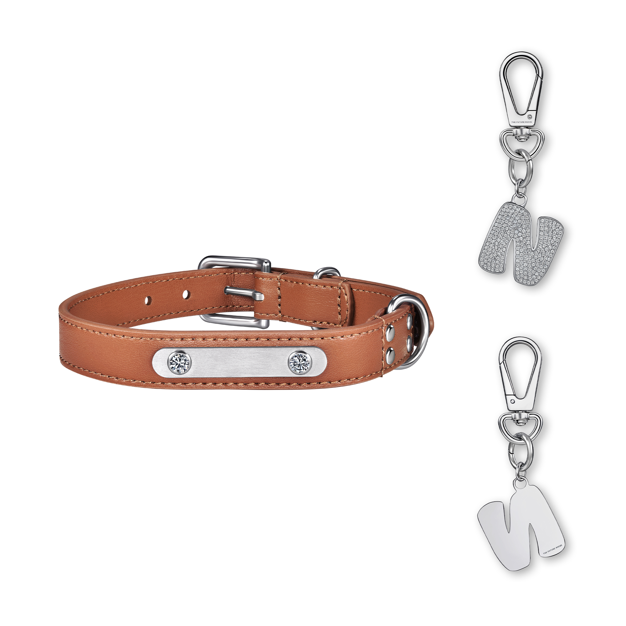Brown pet collar with 1 charm bundle