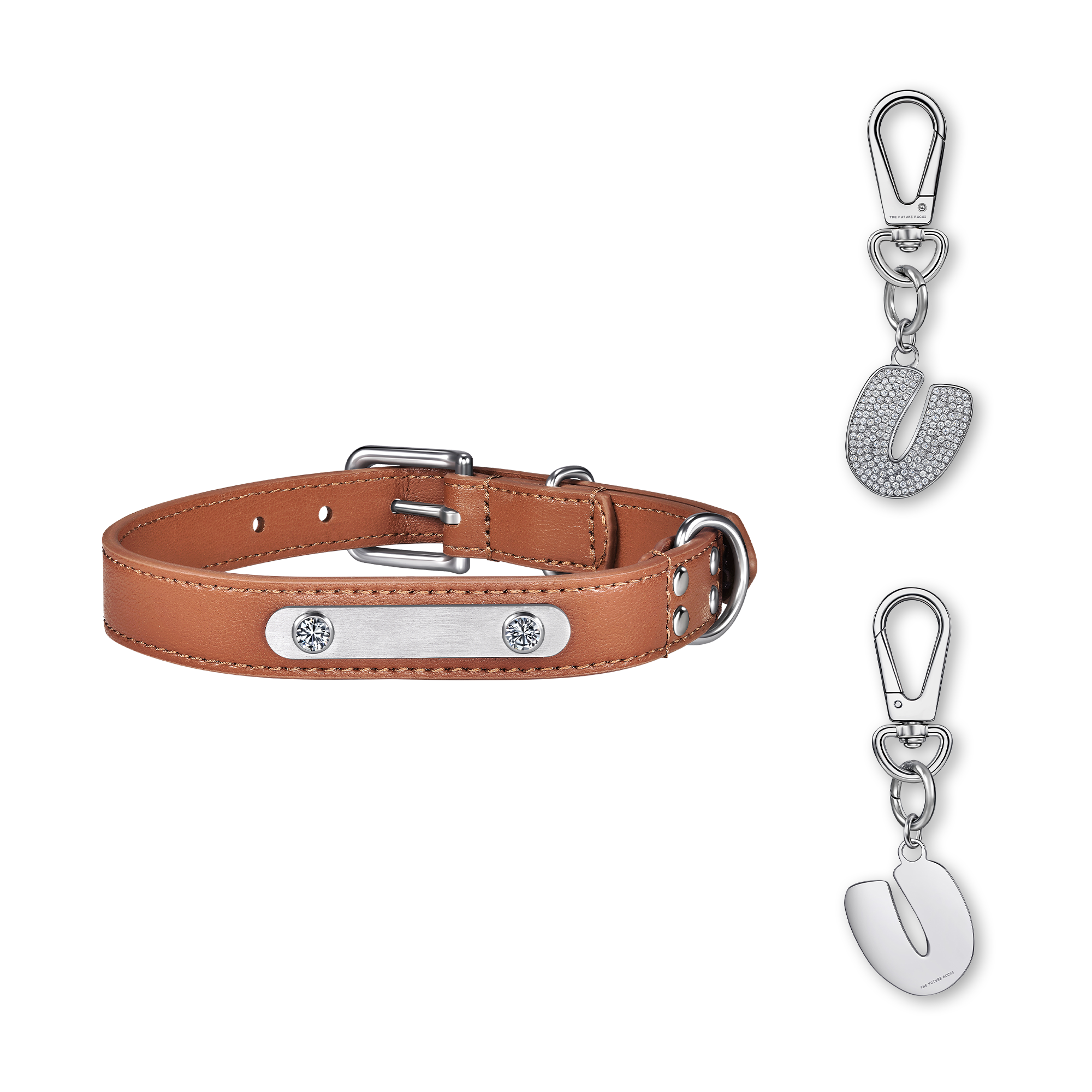 Brown pet collar with 1 charm bundle