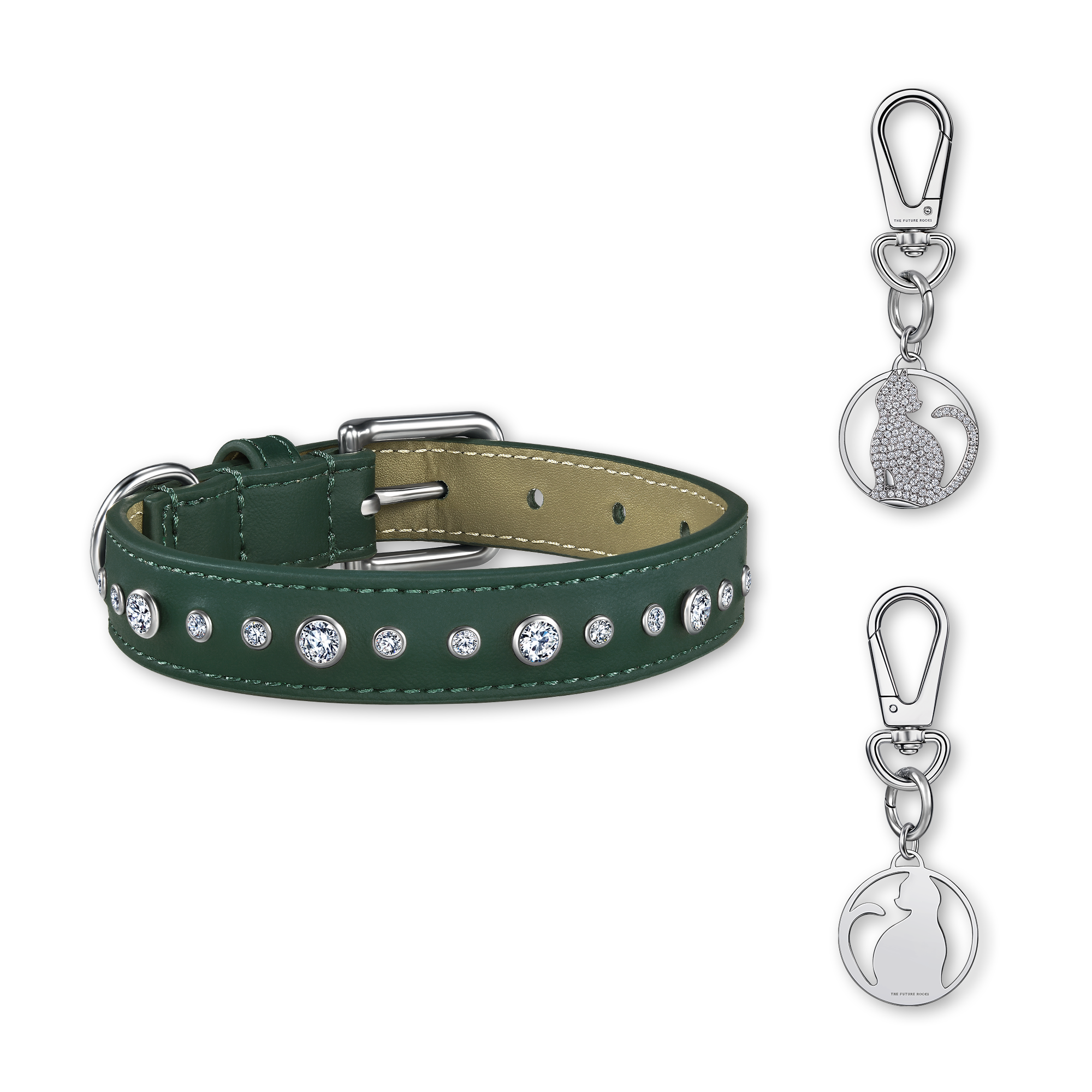 Green pet collar with 1 charm bundle