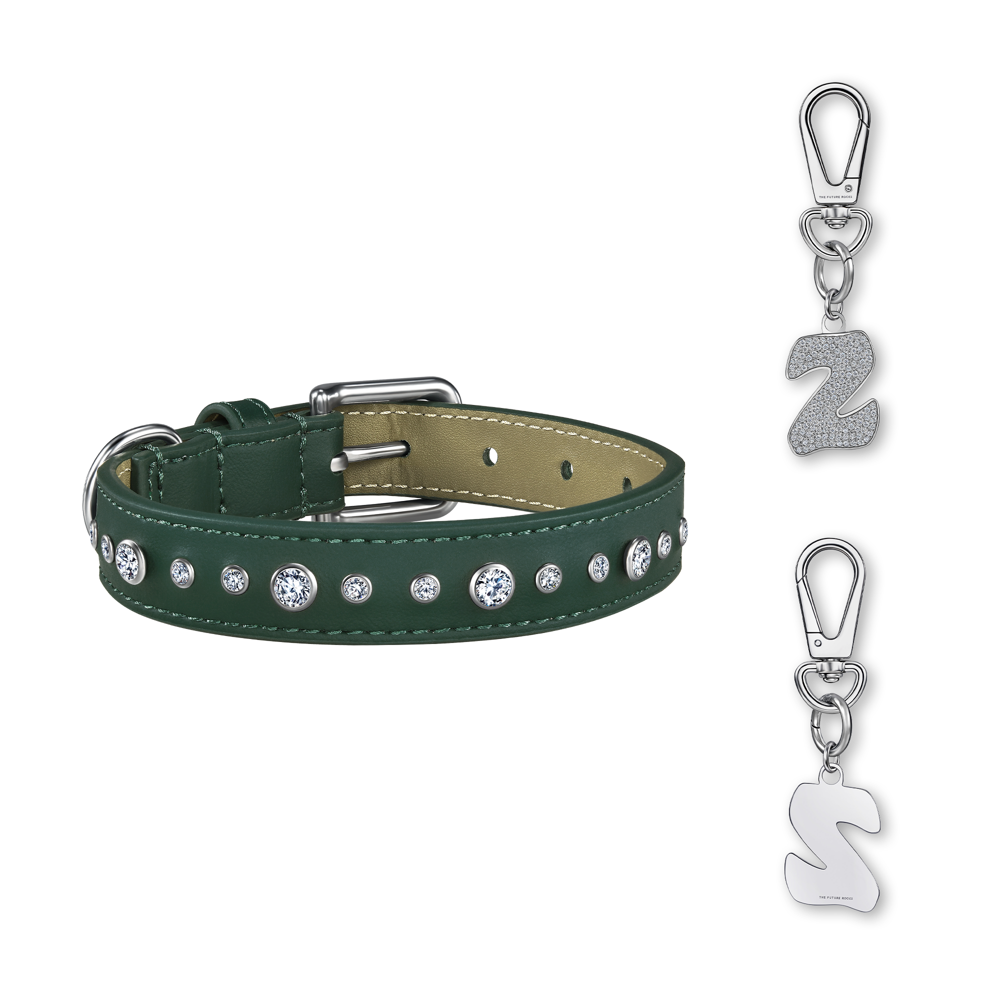Green pet collar with 1 charm bundle
